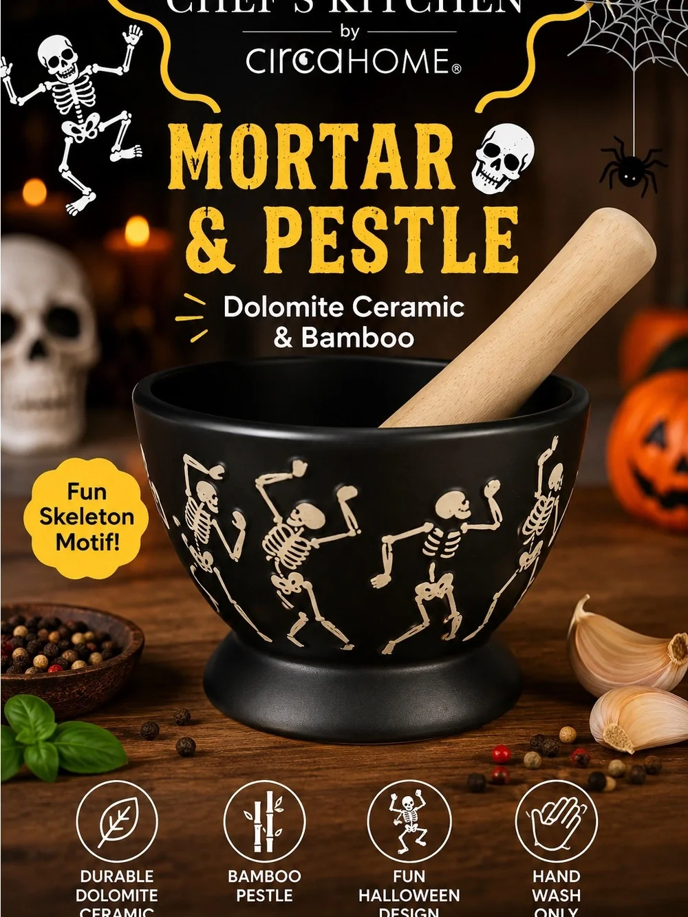 Black Skeleton Motif Dolomite Ceramic Mortar & Bamboo Pestle